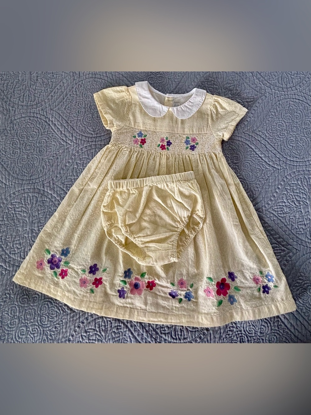 Baby Jojo Maman Bebe Yellow Seersucker Embroidered Floral Dress with Bloomer